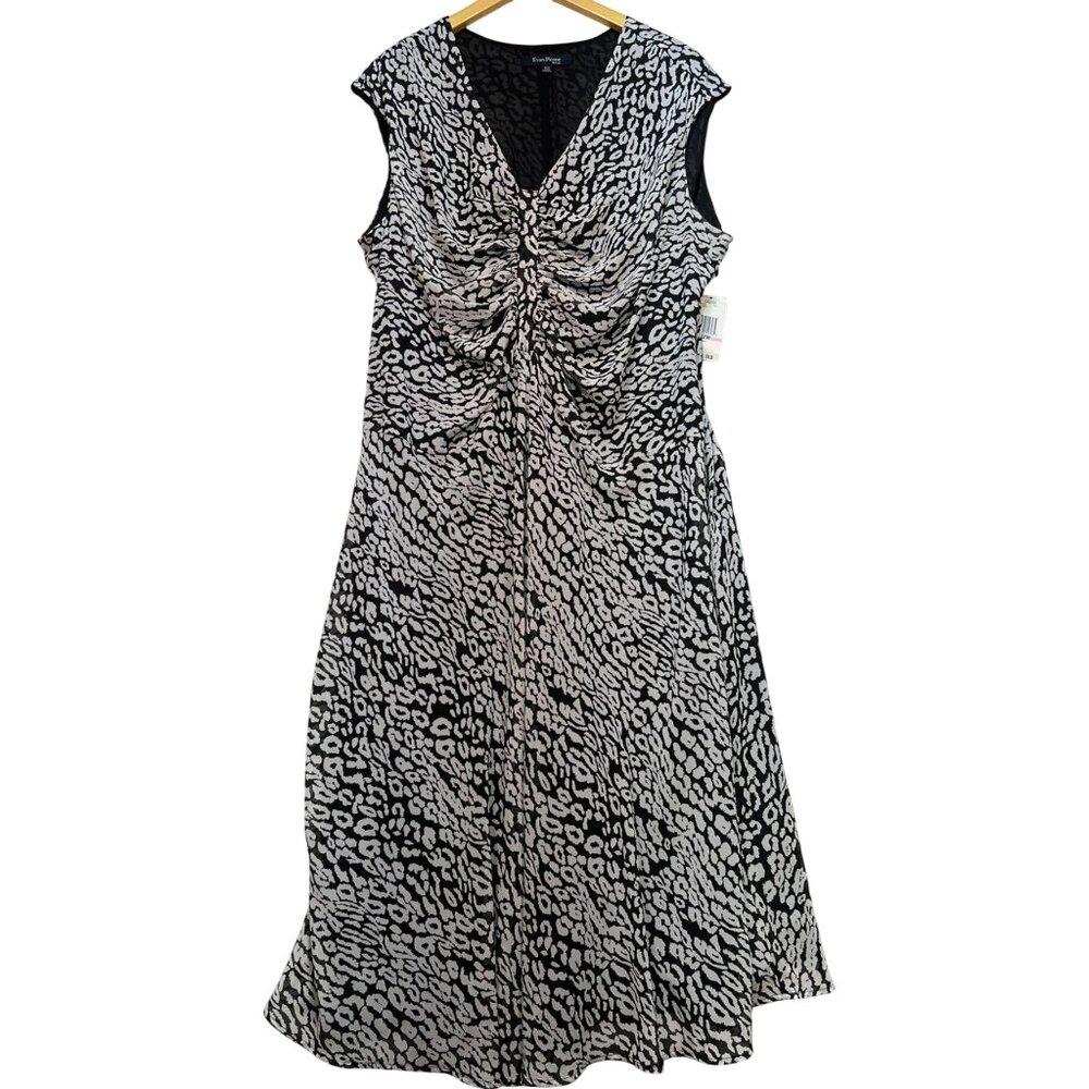 Evan-Picone Women's Shift Midi Dress Sleeveless Size 22W Black White Leopard